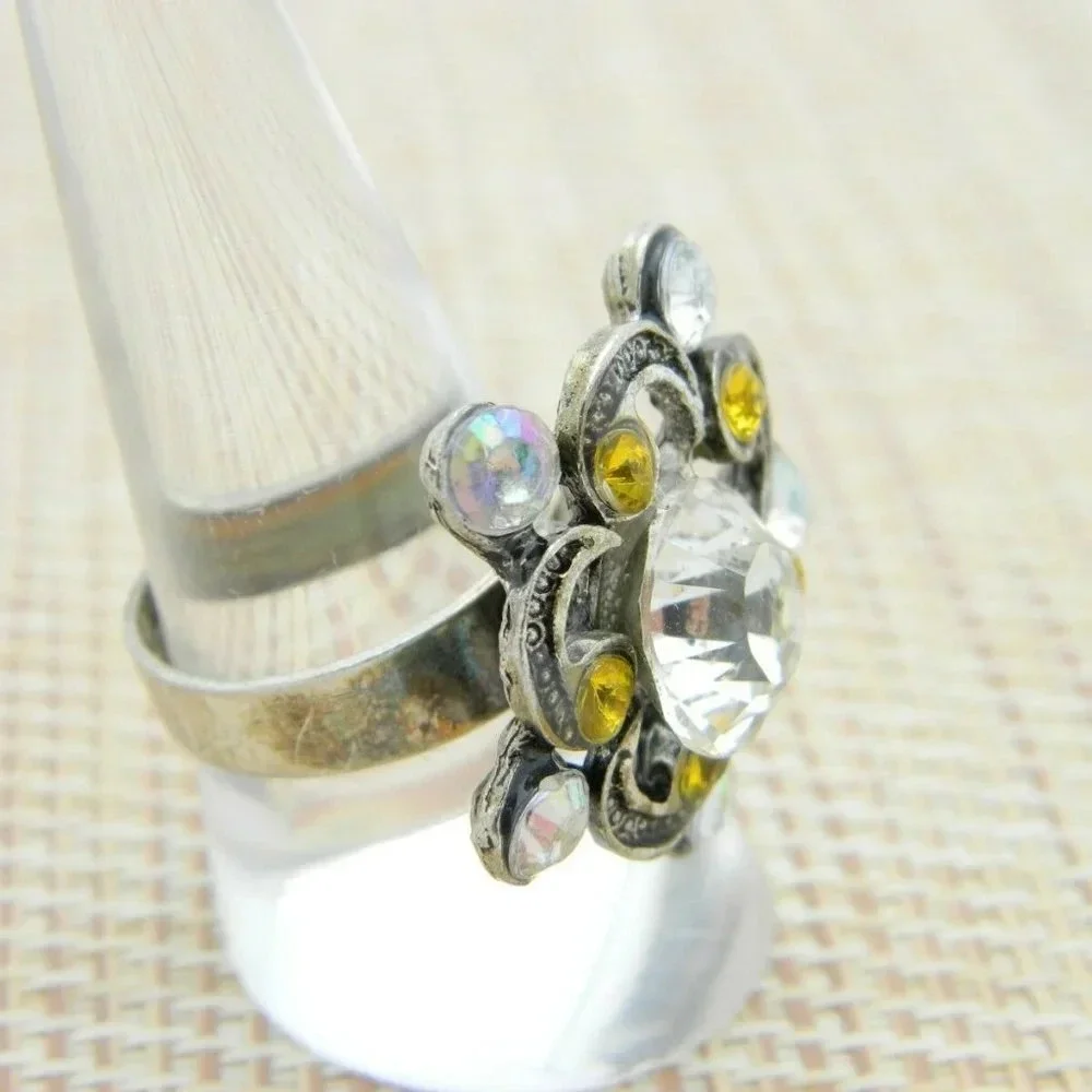 Topaz Clear Rhinestone Silver Tone Flower Cocktail